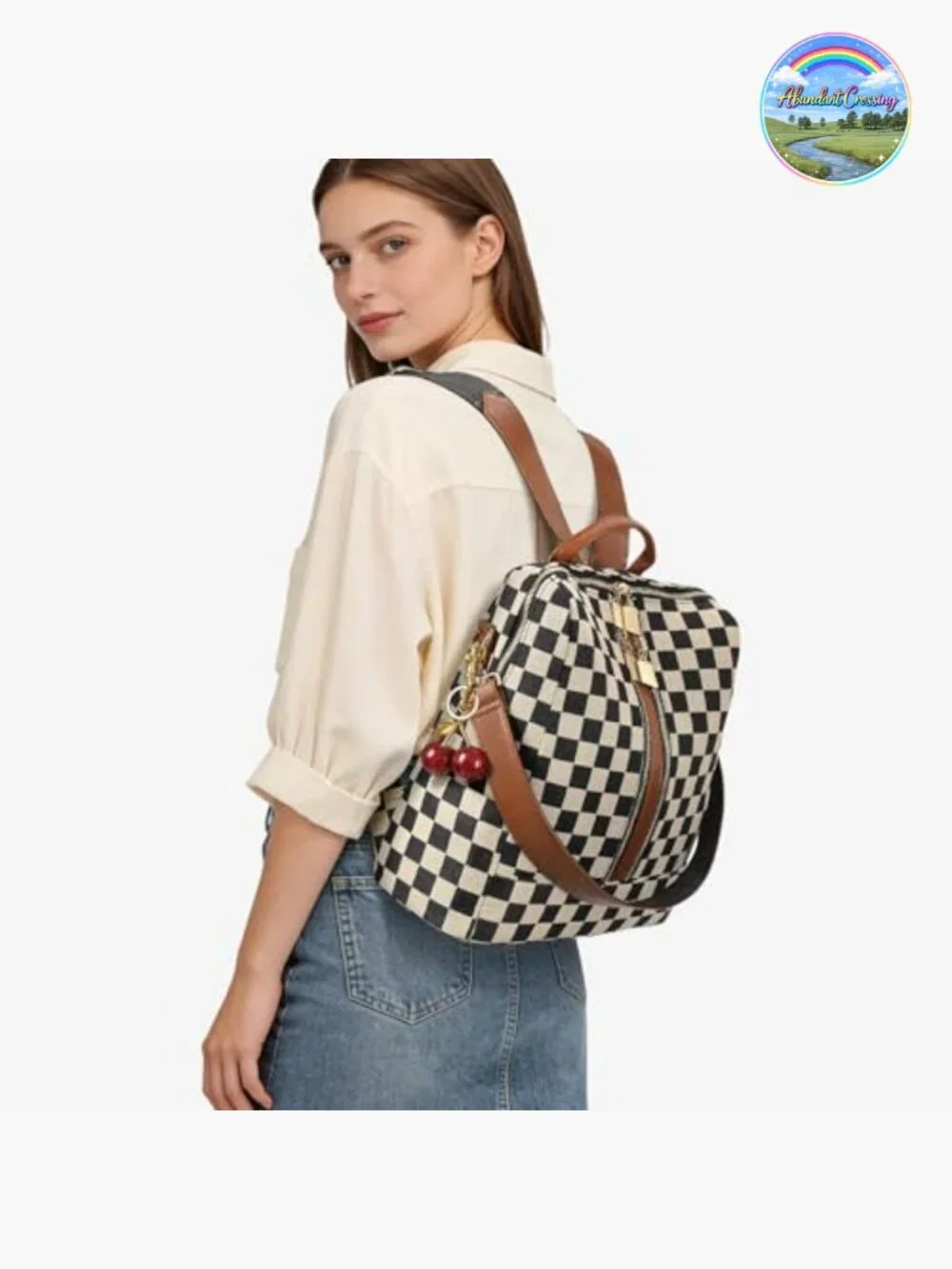Small Checkered Backpack Purse for Women Canvas PU Leather Travel Daypack